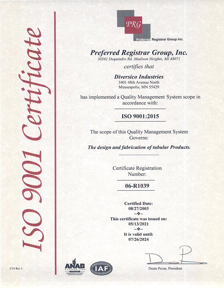 Diversico ISO 9001:2015 Certificate