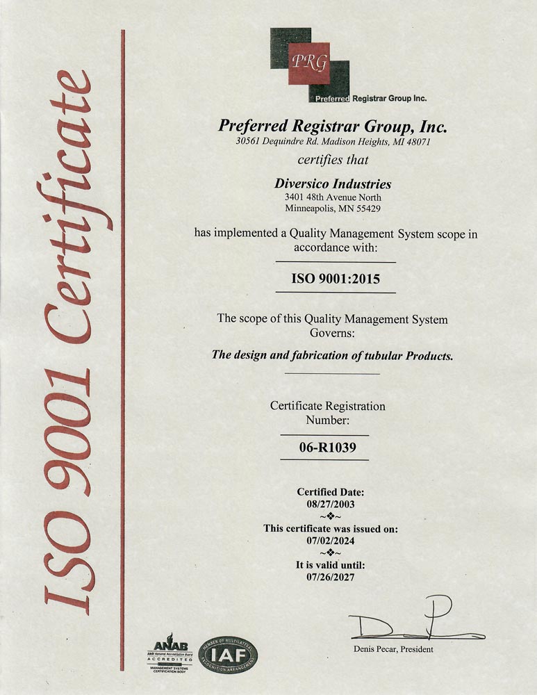 Diversico ISO 9001:2015 Certificate